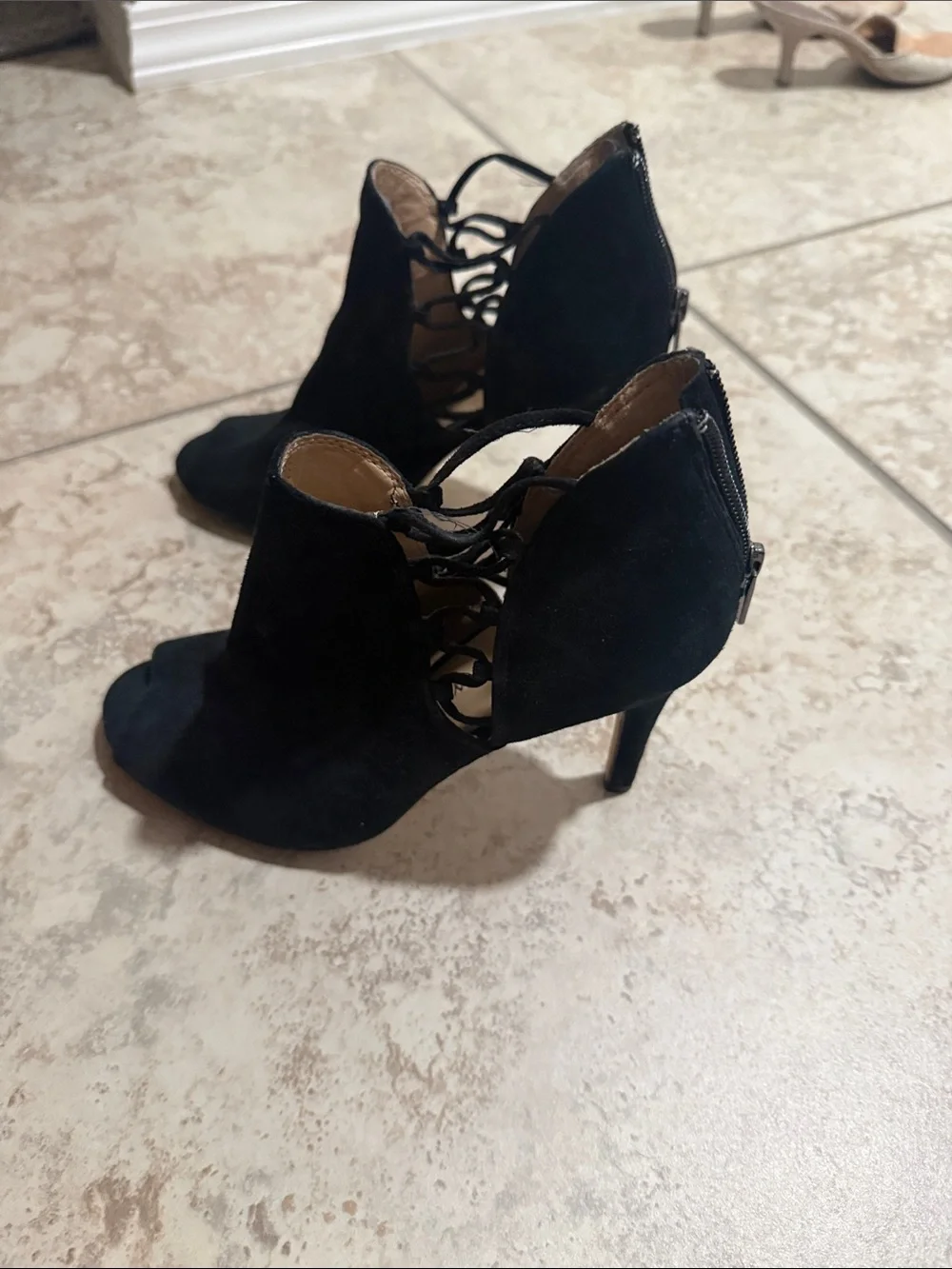 ANTONIO MELANI Black Suede Open-Toe Ankle Booties
